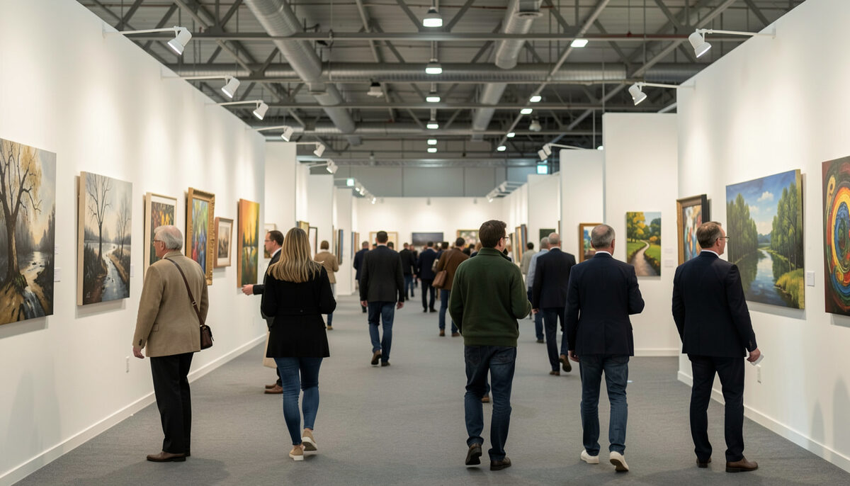 Large allee d une foire d art avec des stands aux murs blancs, des projecteurs et des visiteurs qui circulent
