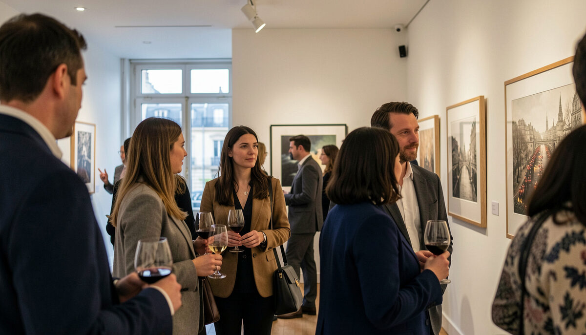 Petite foule reunie dans une galerie parisienne lors d un vernissage du soir avec des verres et des cadres aux murs